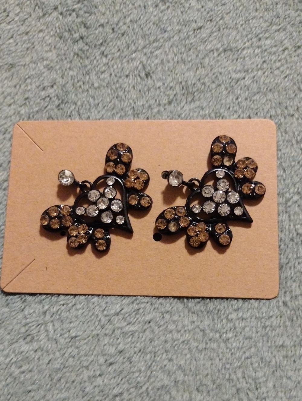 Crystal Heart Petal Earrings in Black with Champagne and Clear Rhinestones